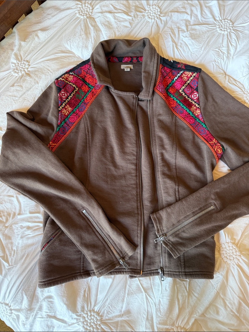 Ecote Brown zip up Jacket w  Multicolor Embroidered front & back on shoulders.